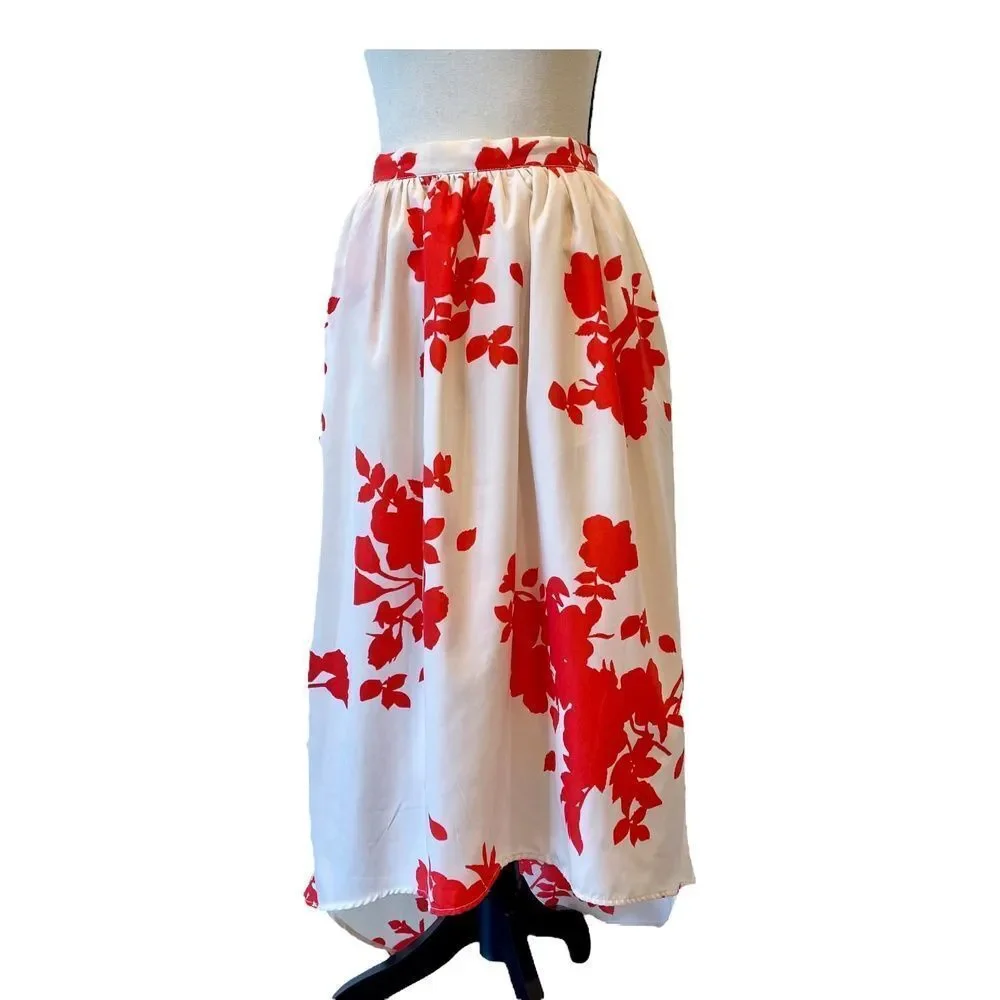 Rules of Etiquette Red White Floral High Low Maxi Skirt Elastic Waist Zipper S